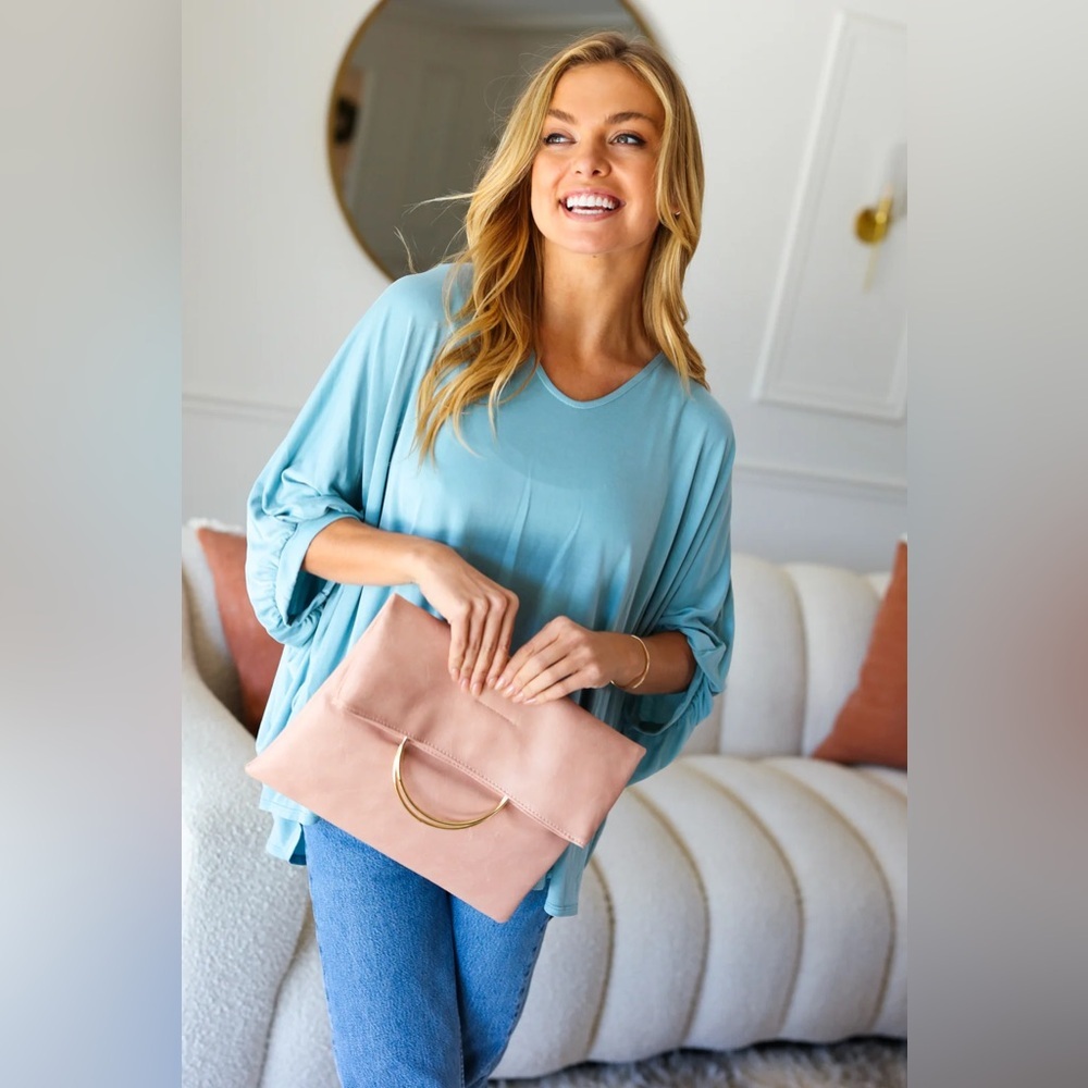 Ballerina Pink Fold Over Gold O-Ring Faux Leather Clutch